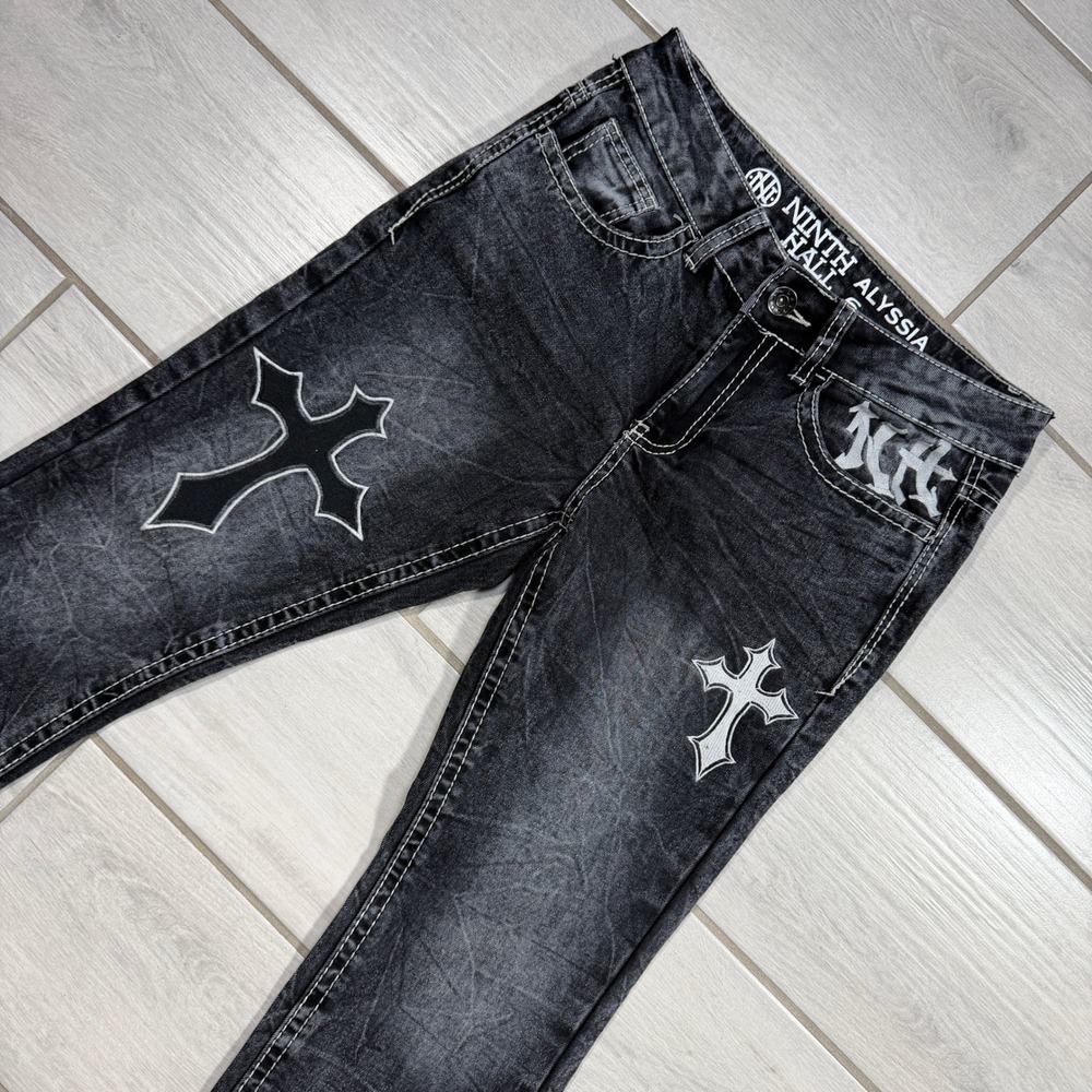Ninth Hall Alyssia Jeans Womens 6 Black Acid Wash Gothic Cross Flare Y2K